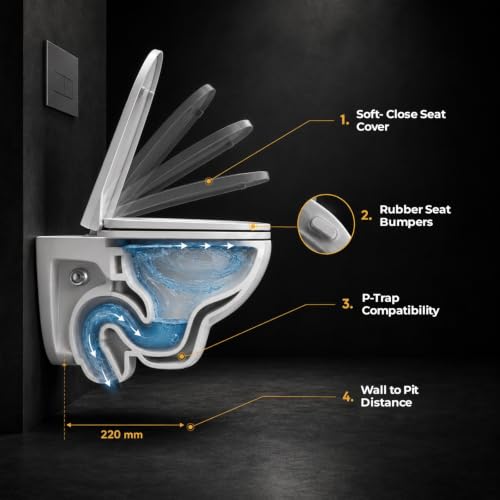 Image of KRISS KROSS Pacific Wall Hung Western Toilet | P-Trap Wall Outlet Commode with Soft-Close Seat Cover | Ceramic Wall Mounted EWC for Bathroom | White | 50.5 x 35.8 x 36.6 cm