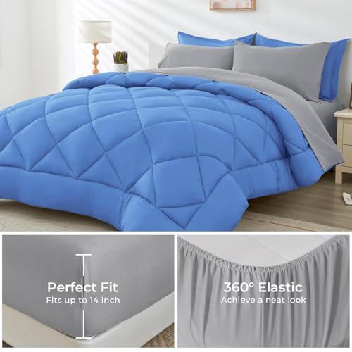 HEVUMYI Royal Blue & Light Grey King Comforter Set - 7-Piece All Season Bed in a Bag King, Ultra Soft Bedding Set with Comforter, Flat Sheet, Fitted Sheet, Pillowcases, Pillow Shams, Royal Blue