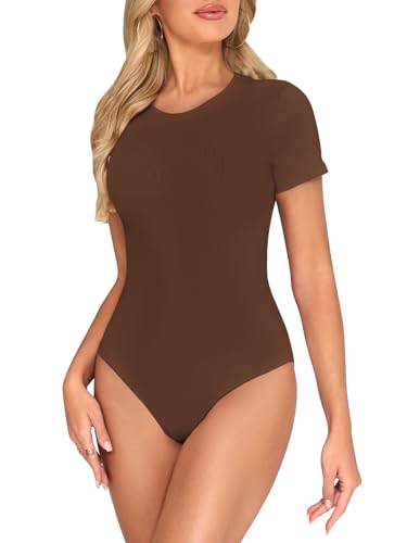 Kefiyis Bodysuit Short Sleeves Bodysuits for Women UK Crew Neck Body Suits Casual Slimming Stretch Leotard Tops with Snap Closure Thong Brown XS