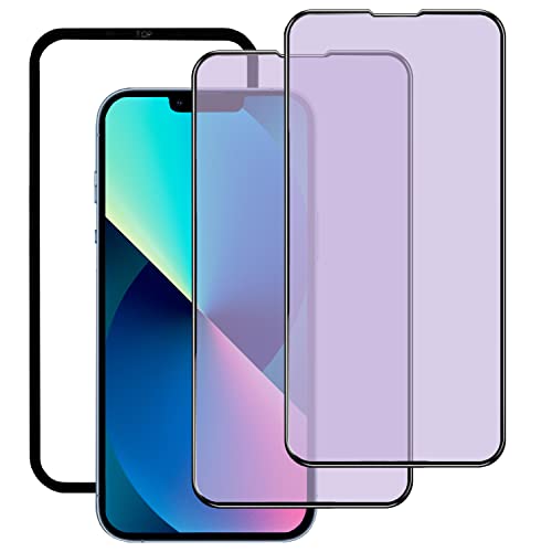 DZHFU【2枚入りブルーライトカット】For iPhone 13 / iPhone 13 Pro/iPhone 14 強化ガラスフィルム 6.1インチ 硬度9Ｈ 滑らかなタッチ操作 指紋付着防止 自動吸着 飛散防止 気泡防止 全面保護フィルム ガイド枠付き 貼り付けは簡単