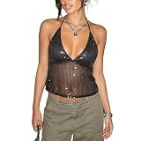 Women Sheer Sequin Halter Tank Top Y2k Glitter Tie Back Cami Top V Neck Backless Camisole Party Clubwear (Sexy Black, S)