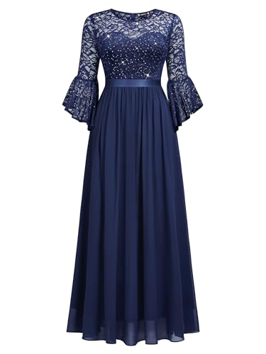 Miusol Women\'s Formal Sparkle Sequin Lace Bell Sleeve Evening Party Maxi Dress (XX-Large, Navy Blue)