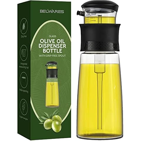 Olive Oil Dispenser - Measuring Oil Dispenser Bottle for Kitchen - Olive Oil Bottle Dispenser with Measuring Cups, Glass Cosmetic Dispenser for Liquid foundation, Lotion, Essential oil, 400 ML Cover