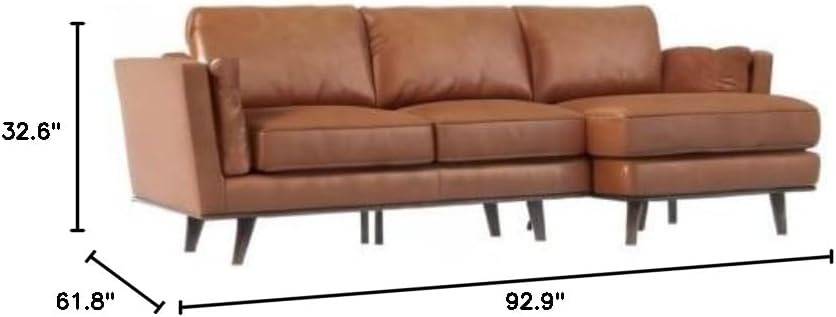 Pemberly Row 93" Mid Century Top Grain Genuine Right Facing Leather Sectional,L-Shape Modern Cognac Sofa Couch with Chaise for Living Room, in Tan