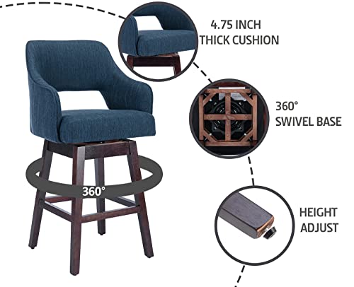 Kmax Fabric Counter Height Bar Stools Swivel Farmhouse Bar Stools With Wood Legs Open Back Footrest For Kitchen Island, Set Of 2- Blue #TOP2