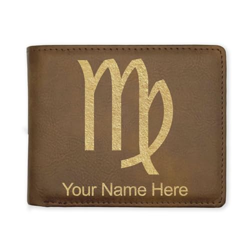 LaserGram Faux Leather Bi-Fold Wallet, Zodiac Sign Virgo, Personalized Engraving Included (Rustic with Gold)