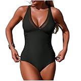 Lmdudan Women Mesh Tummy Control Swimsuit Ruched Slimming Swimwear Elegant One Piece Fashion Vacation Bathing Suits 2026 Black