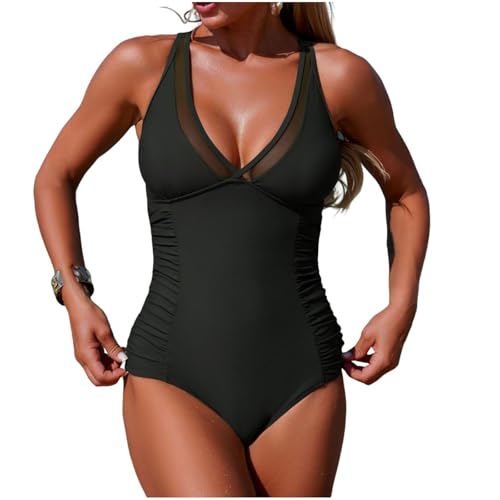 Lmdudan Women Mesh Tummy Control Swimsuit Ruched Slimming Swimwear Elegant One Piece Fashion Vacation Bathing Suits 2026 Black
