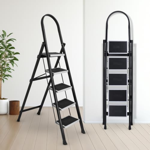 Image of TEKCOOL 5 Step Ladder for Home Use with Built-in Tool Tray | Heavy Duty D Shape Rods | 20 x 30 cm Large Platform | Wide Rubber Feet | Secure Lock | 150Kg Capacity Foldable Ladder