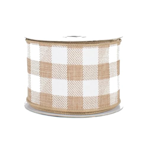 Image of Tan Plaid Wired Edge Ribbon - 2 1 /2 Inch x 10 Yards, Buffalo Plaid, Christmas, Winter Decor, Birthday, Wedding Decoration, Boxing Day, Labor Day