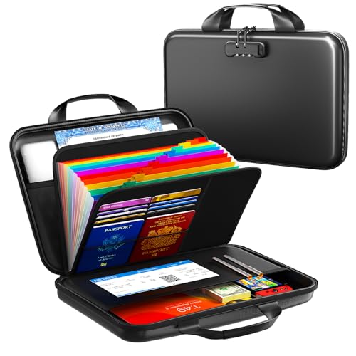 Fireproof Accordion File Organizer with Lock,Hard-Shell Fireproof Document Box with 13 Pockets for Certificates, Passports Laptop Important Documents Portable Home Office Travel Safe Storage