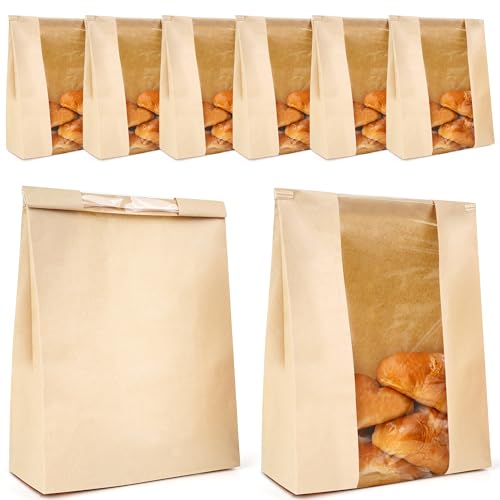 Winter Shore Bolsas Papel Grandes para Pan Casero (Pack de 50) - Bolsa de Pan Marrón con Ventana - Bolsas de Almacenaje Pastelería y Panadería para Masa Madre, Pan, Galletas, Regalar - 21 x 9 x 35 cm