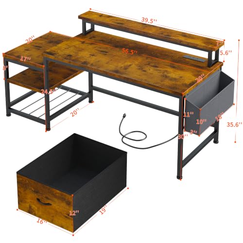 Image of EnHomee 56.5 inch Office Desk with Drawers & Printer Space for Home Work,Brown | Computer Desk with 3 AC Outlets& 2 USB Ports,40 inch*7 inch Long Monitor Stand,Side Pockets with Storage Space,Home Office,Bedroom