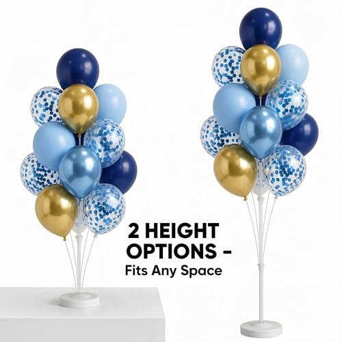 Image of Balloon Column Kit Set of 2, Anti-Tip Sand-Fill Base Balloon Tower Stand with 10 inch 26pc Blue Gold Confetti Balloons, Height Adjustable for Easter Birthday Wedding Bridal Party Decorations