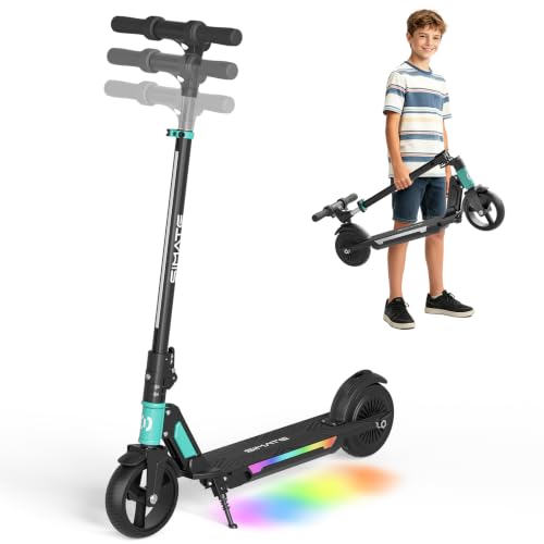 SIMATE Electric Scooter for Kids 8+ with 3 Adjustable Heights, Rainbow Lights, 3 Speed Modes, UL2272 Certified Foldable Kids Electric Scooter, 250W 12 MPH 10 Miles Range, Birthday Gift for Boys Girls