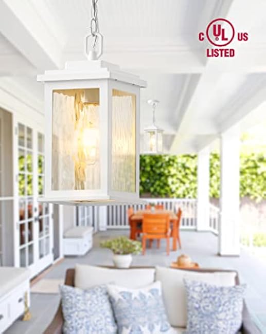 VIANIS White Outdoor Pendant Light, Farmhouse Hanging Light Fixtures Ceiling Mount Porch Lights, Anti-Rust Aluminum Frame with Temperate Ripple Glass, Hanging Lights for Outside Patio for Gazebo