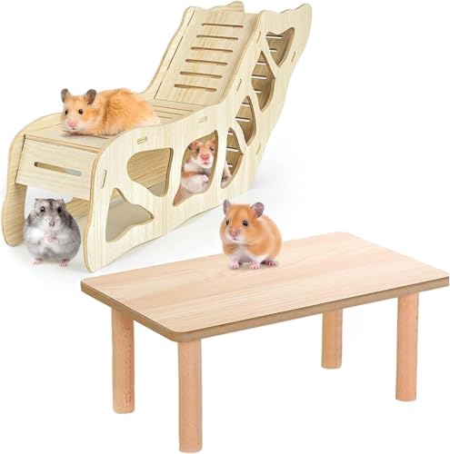 (2-Piece Set) Hamster Game Wooden Platform, Tunnel Ladder Hidden Area Platform with Wooden Support Columns, Toy cage Accessories for Hamster Squirrels and Other Small Pets
