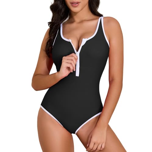 Zando Women's One Piece Swimsuit Athletic Zipper Front Bathing Suits Square Round Neck Low Back Swimwear