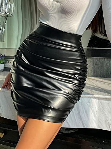 Women's Ruched PU Bodycon Skirt High Waist Zip Up Skinny Pencil Skirts4