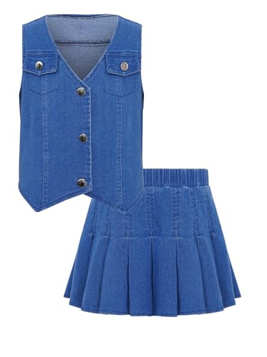 Kids Girls Y2K 2 Piece Denim Outfits Sleeveless Vest Button Front Jean Jacket with Pleated Skirts Summer Clothes Blue 14 Years2