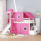 BIADNBZ Twin Size Castle Loft Bed with Slide, Stairs, Tent and Tower, Wooden Bunk Bedframe with Storage Staircase, Low Playhouse for Kids Teens Boys Girls, Pink