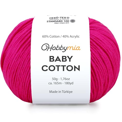 Image of Baby Cotton Blend Yarn - Soft Sport Weight Yarn for Crochet & Amigurumi - 50g /180yds - 60% Cotton 40% Acrylic - Ideal for Baby & Knitting Proj.(Hot Pink, 1 Ball)