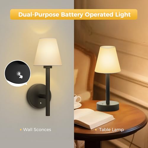 Image of L LOHAS LED Battery Operated Wall Sconce & Table Lamp Set of 2, 10000mAh Battery Powered Dimmable Wall Lamp with App, 15 DIY Color, Wireless Sconces Wall Decor for Living Room, Bedroom, Black