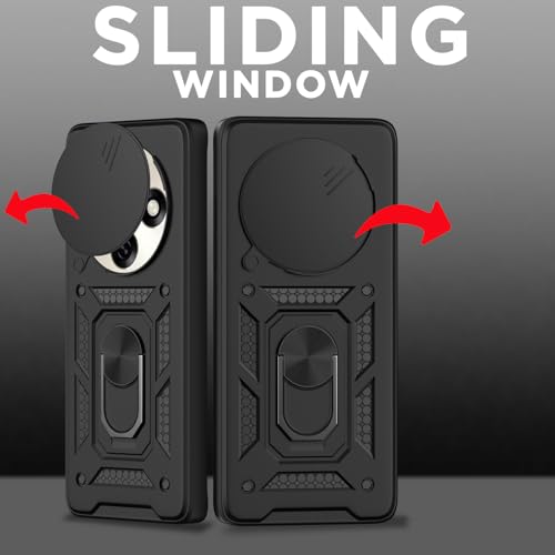 Image of Pikkme Back Cover for Oppo F31 Pro 5G | 360 Protection Case | Sliding Camera Shield Cover & Ring Holder Stand D10 Tough Armor Bumper Case (Black)