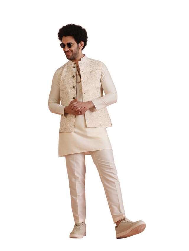 kisah Men's Cotton Blend Printed Kurta Jacket Trouser Set, Foil Print Regular Fit Mandarin Collar Long Sleeves-picture-16