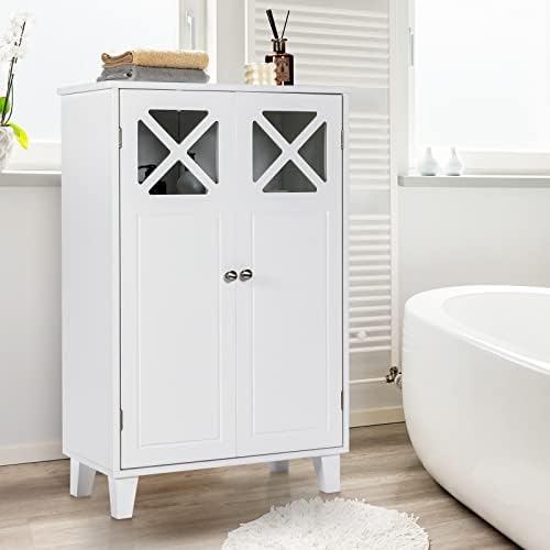 CASART Bathroom Floor Cabinet, Storage Cupboard with Adjustable Shelf and Hollowed Door, Wooden Side Cabinet Organiser Unit for Living Room Kitchen Hallway