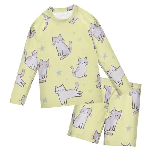 Traje de baño anti-UV para niños con camiseta de manga larga y divertido diseño de gato amarillo