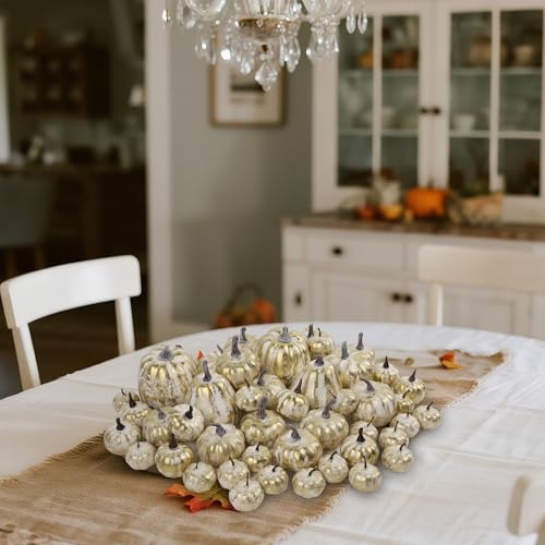 Image of winemana 46 Pcs Artificial Gold Pumpkins Fall Decorations for Home | Foam Material, Assorted Sizes, Halloween Autumn Thanksgiving Decor, For Table Centerpiece Mantle Bowl Wedding Party