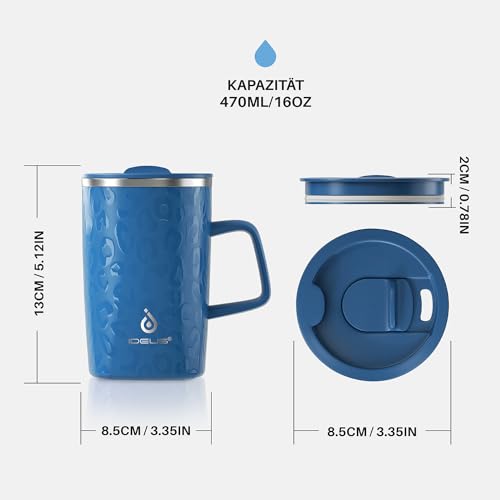 IDEUS® Kaffeebecher 470 ml (16 oz), doppelwandige vakuumisolierte Kaffee- und Teetasse aus Edelstahl mit rutschfestem Griff und… – Ansicht 6