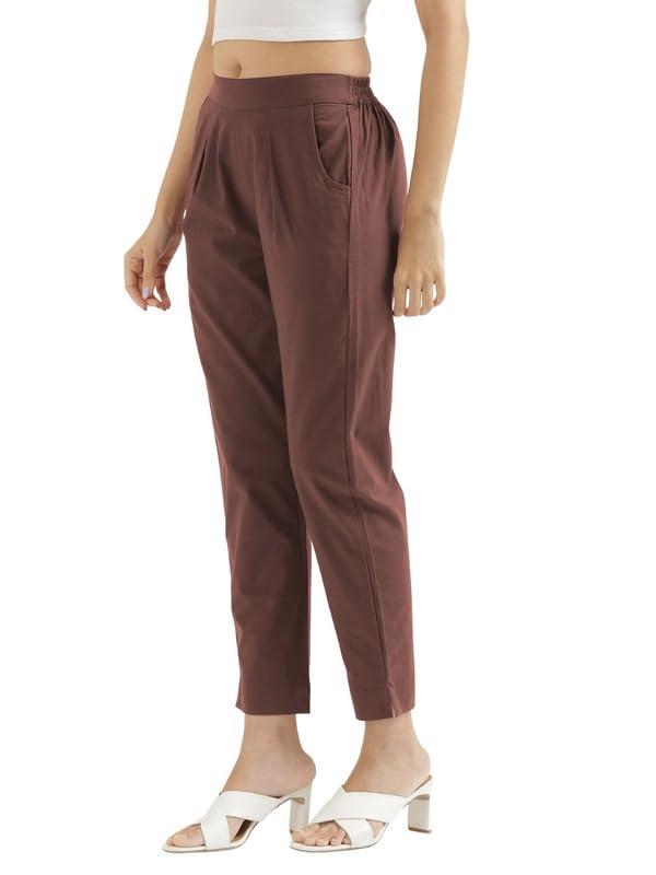 Image of SAADAA Women Cotton Pant Regular Slim Fit Mid Rise Trouser, Pocket Pants for Office School Formal Casual Daily Use