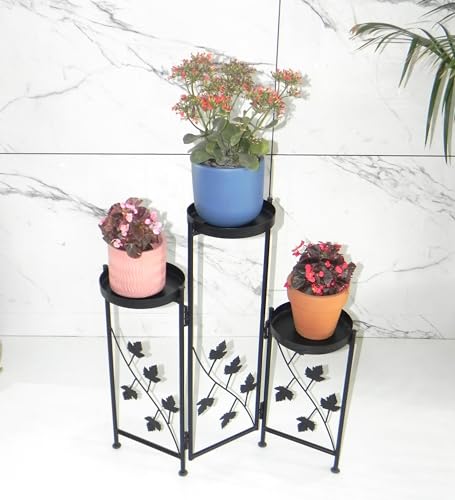Image of Set of 2 Black (3-Tier) Metal Planter Stands for Living Room with Foldable Design | Pot Stand for Indoor Plants (Size- 30 & 36 Inch) - [Plants are not Included]