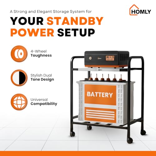 Image of Homly Uni Base Inverter Battery UPS Trolley Stand with 360 Rotating Lockable Wheels | Compact & Rust Resistant Inverter Stand for Home | Supports 1 Inverter & 1 Battery Upto 100 kg - Black & White