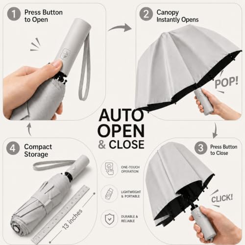Image of ginoya brothers Premium Auto Open & Close Compact Travel Umbrella for Men & Women With 10 Durable Ribs Strong Wind Resistant Folding Easy to Carry Umbrella For Sun & Rain
