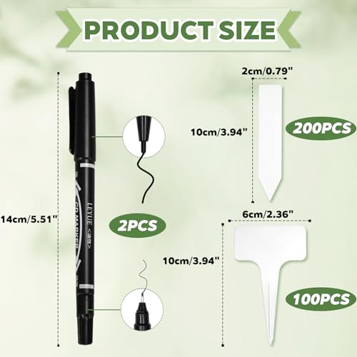 300 Stück Pflanzenschilder aus Kunststoff – Pflanzenschilder zum Beschriften, Pflanzschilder für Draußen Wetterfest, für Kräuter, Gemüse, Blumen, 200× Pfeilform & 100× T-Form mit 2 schwarzen Markern