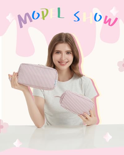 Image of Narwey Cute Makeup Bag Small Toiletry Bag Travel Cosmetic Bag Organizer Make Up Bags with Organized Pockets for Women (Dusty Rose Stripe, Large)