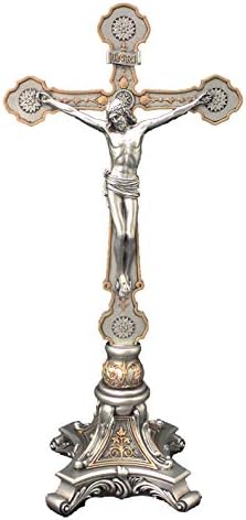 Standing Crucifix in a pewter style finish with golden highlights, 13"