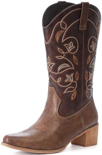 IXU Cowboy Boots For Women Wide Calf Pointy Toe Cowgirl Boots Mid Calf Western Boots