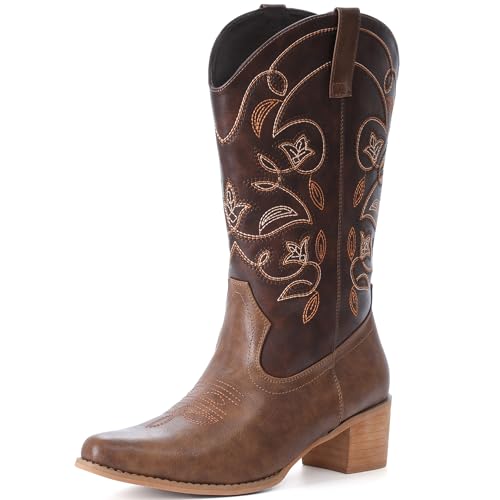 IXU Cowboy Boots For Women Wide Calf Pointy Toe Cowgirl Boots Mid Calf Western Boots
