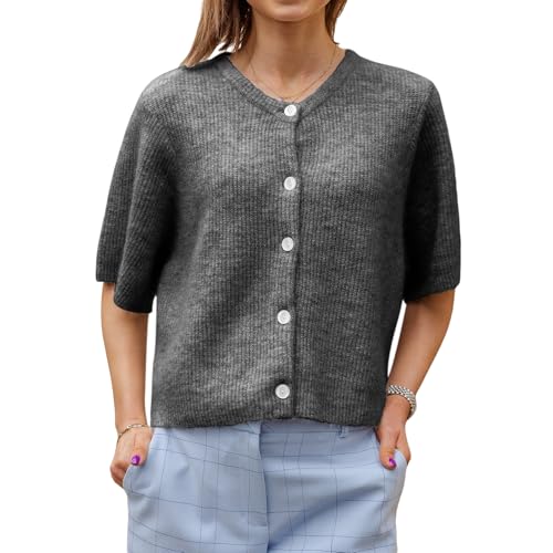 Image of Women Lightweight Knitted Cropped Cardigan Shirt Short Sleeve Button Down Sweater Y2k Open Front Loose Ribbed Shirt