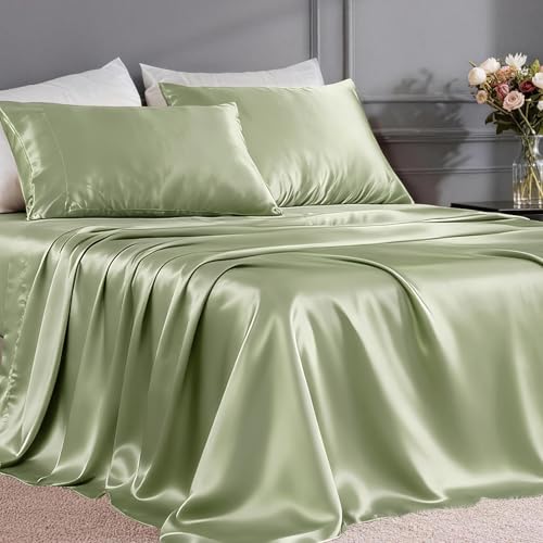 FreshCulture Satin Sheets California King - 4 Piece Luxury Soft Silky Sheets for Hair and Skin, Similar to Silk Bed Sheet Set with 1 Deep Pocket Fitted Sheet, 1 Flat Sheet & 2 Pillowcases (Sage Green)