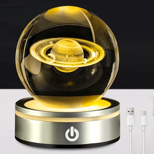 Sfera di cristallo 3D luce notturna, sfera di cristallo 3D del sistema solare con LED, sfera di cristallo LED in vetro colorato con base luminosa, lampada in vetro da 8 cm con base in legno per