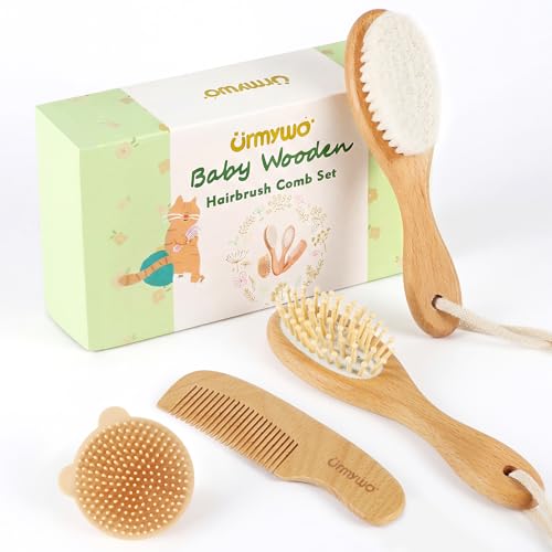 Image of Baby Brush and Comb Set - 4 Piece Wooden Soft Bristle Hairbrush for Newborns, Baby Brush for Cradle Cap - Essentials Care Kit - Baby Shower Gift for Boys & Girls