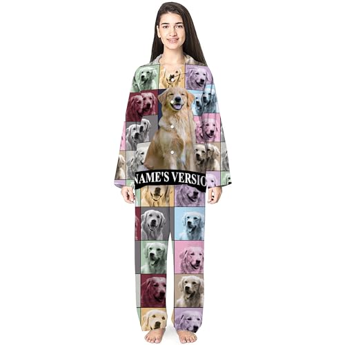 Personalized Pajama Set For Dog Lovers, Custom Pet Face Photo Printed Pajamas Long Sleeve Button Down, Custom Pet Name's Version3