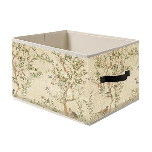 FITIE Beige Chinoiserie Floral Botanical Storage Bin Box with Handles, Cottagecore Aesthetic Foldable Organizer Basket Toybox for Girls Room Bedroom Bathroom Clothes Toys Books