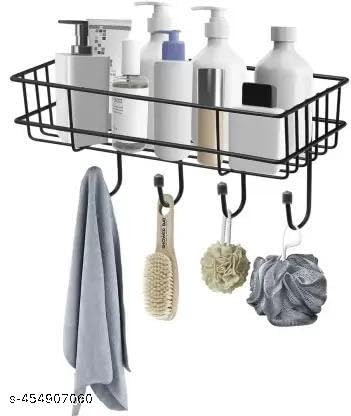 (Pack of 2) Steel Self-Adhesive Multipurpose Bathroom Shelf with Hooks/Towel Holder/Rack/Bathroom Accessories-Wall Mount - Pack of 2 (Black,Powder Coated) 1