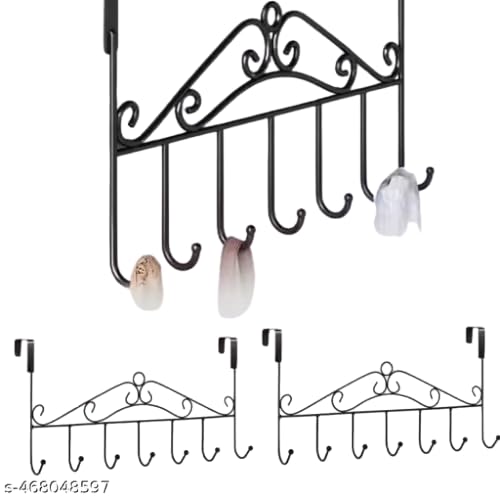 Over the Door Hook Rack, 7 Hooks, Black Metal, Decorative | No Drilling Required, Ornate Design, Clothes & Bag Hanger, Door Mounted, Iron Frame-picture-20